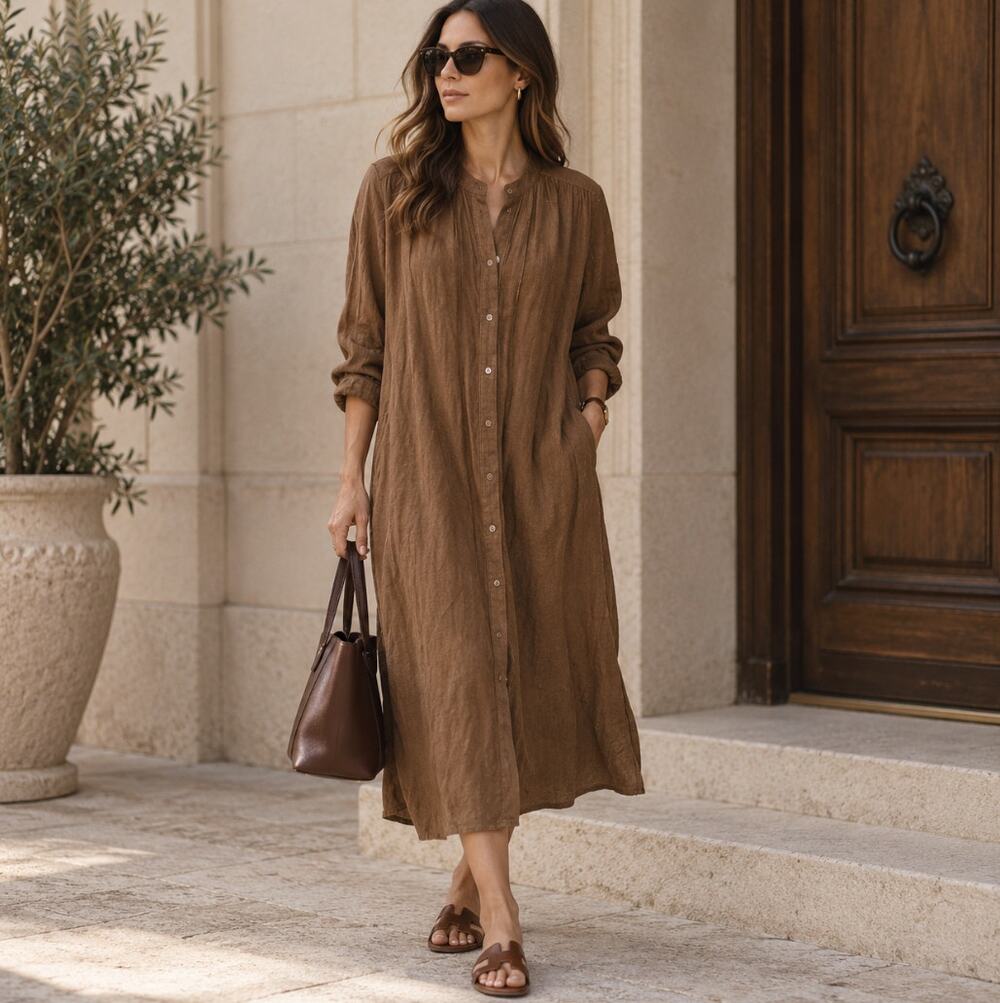 ICHI ANTIQUITES Gathered Midi Shirt Dress Linen Brown One Size $290 {3C54}